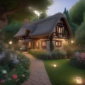 A charming country cottage with a thatched roof, flower-filled garden, and a cozy interior Quaint and picturesque countryside1