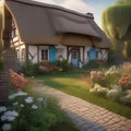 A charming country cottage with a thatched roof, flower-filled garden, and a cozy interior Quaint and picturesque countryside4