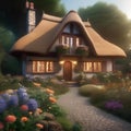 A charming country cottage with a thatched roof, flower-filled garden, and a cozy interior Quaint and picturesque countryside5