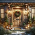 Charming Country Home Front Pine Entrance Door Decorations Christmas Holiday Celebrating Season Wreath AI Generate Royalty Free Stock Photo