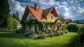 Charming Country House with Lush Garden and Blue Sky. Generative ai Royalty Free Stock Photo