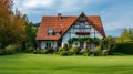 Charming Country House with Lush Garden and Blue Sky. Generative ai Royalty Free Stock Photo
