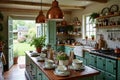 Charming country kitchen with rustic decor and open garden view Royalty Free Stock Photo