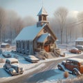 Charming Country Vintage Church Building Retro Rural Old Steeple Cars Exterior AI Generated