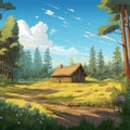 Cartoon Landscape With Log Cabin In Pine Tree Forest