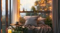 Charming cozy balcony with cushions, tea, and twinkling string lights for a warm atmosphere Royalty Free Stock Photo