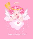 Charming cupid sends kisses. Beautiful greeting card