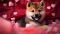 Charming cute fluffy ginger puppy shiba inu is lying on pink bed with hearts and smiling . Valentines Day greeting card