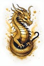 Charming and cute golden dragon, t-shirt, hoodie design, illustration, no background, minimalistic
