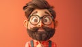 Charming 3D Animated Character with Glasses and Beard, Adorable Cartoon Style Illustration on Peach Background, Cute and Whimsical