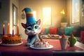 Charming 3D Cartoon Cat, Wearing A Festive Hat, Enjoying Its Birthday