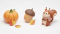 Cute Autumn Scene: Pumpkin, Acorn, Squirrel with Scarf and Falling Leaves Royalty Free Stock Photo