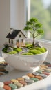 Miniature House Garden Diorama in Ceramic Bowl with Tree, Bench and Stone Path Royalty Free Stock Photo