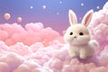 Charming 3D kawaii rabbit under a pastel moon with fluffy clouds