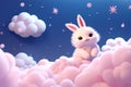 Charming 3D kawaii rabbit under a pastel moon with fluffy clouds