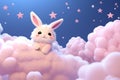 Charming 3D kawaii rabbit under a pastel moon with fluffy clouds