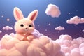 Charming 3D kawaii rabbit under a pastel moon with fluffy clouds