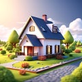 Charming 3D Render: Cute Isometric Illustrated House on Plane Background
