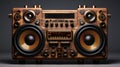 Charming 2d Wooden Boombox With Gold Speakers - Rustic Futurism
