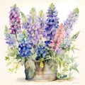 Charming Delphiniums: A Delightful Watercolor Series in a Pot AI Generated