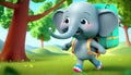 a cartoon elephant carrying a backpack and walking in a forest with trees and grass on the side