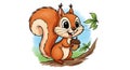Adorable cartoon squirrel holds an acorn on a branch Royalty Free Stock Photo