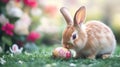 Cute Easter bunny sniffing painted egg on grass with colorful flower garden background Royalty Free Stock Photo