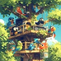 A whimsical bird band plays on a tree stage.