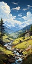 Charming Digital Painting Of Idyllic Rural Scenes With Mountain Background