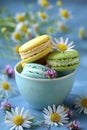 Charming display of elegant pastel macarons decorated with delicate floral accents Royalty Free Stock Photo