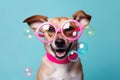 A charming dog with big pink glasses joyfully surrounded by colorful floating bubbles against a soothing aqua background