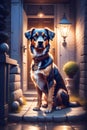 A charming dog sitting at the outside of a house, a symbol of faithfulness, artwork, wallart, design, animal creatures