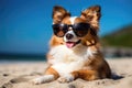 Charming Dog, Sporting Stylish Sunglasses, Frolicking On Sunsoaked Sandy Beach During Scorching Summ
