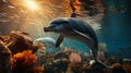 Charming dolphin playing coral reef underwater dreaming sunset hanging water surface. generative ai