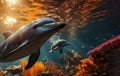 Charming dolphin playing coral reef underwater dreaming sunset hanging water surface. generative ai