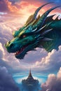 A charming dragon with beautiful fluffy clouds and sky, in a fantasy land, dreamy, digital anime art, mythical spirit