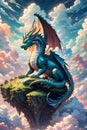 A charming dragon with beautiful sky and fluffy clouds, in digital anime art, fantasy land, dreamy athmosphere, charming, cute