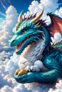 A charming dragon on the fluffy clouds, fantasy, dreamy, legendary animal, mythical, digital anime art