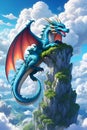 A charming dragon perched on the top of a hill, surrounded by fluffy clouds and sky, digital anime art, fantasy design, dreamy