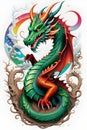 A charming dragon with wood element, fantasy swirls splash, white background, digital painting, t-shirt design