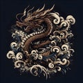 A charming dragon in wood element, waves and smokes, splash art, magical animal art, design, unique, logo