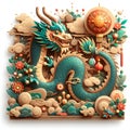 A charming dragon with wood elements, in chinese style art, fantasy, magical animal design, white bavkground, printable