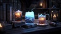 Charming drinks showcase illuminated glassware on rustic table cozy environment evening setting captivating concept