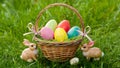 Charming Easter basket adorned with ribbons and playful bunny figurines