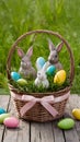 Charming Easter basket adorned with ribbons and playful bunny figurines