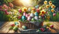 A charming Easter basket filled with decorated eggs and a mix of spring flowers like tulips and daffodils, set on a rustic wooden Royalty Free Stock Photo