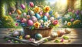 A charming Easter basket filled with decorated eggs and a mix of spring flowers like tulips and daffodils, set on a rustic wooden Royalty Free Stock Photo