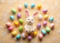 Charming Easter Bunny and Eggs Nestled on a Soft Beige Background An Aerial Perspective for a Delightful Spring Royalty Free Stock Photo