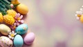 A charming Easter composition featuring colorful eggs and blooming flowers, with ample copyspace on the side