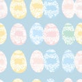 A charming Easter egg and lace pattern with delicate white lacework over soft pastel eggs Royalty Free Stock Photo